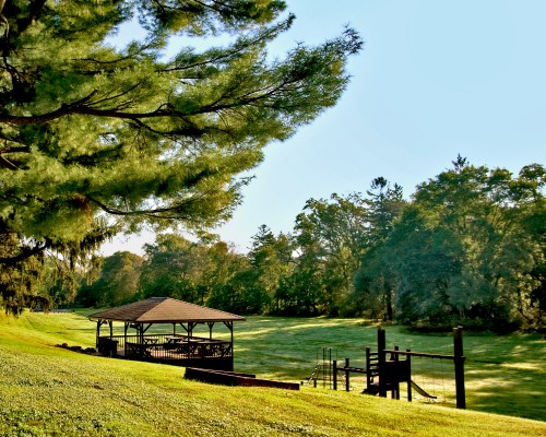 SCENIC VIEW OF AN OUTDOOR PICNIC AREA WITH PLAYSCAPE.
