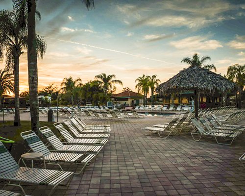 View of chaise lounge chairs and trees.