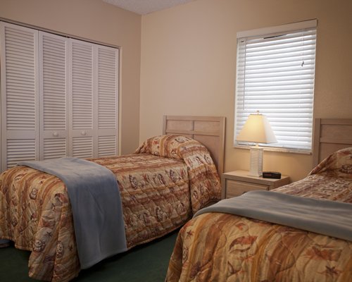 A well furnished bedroom with two twin beds and an outside view.