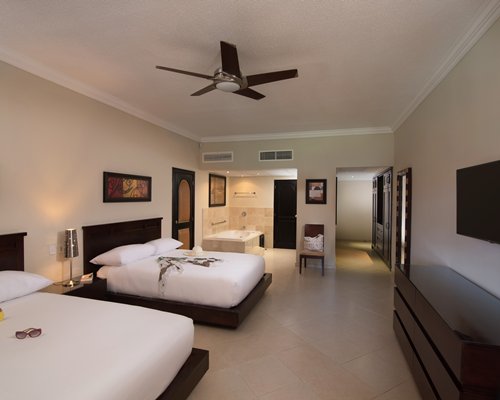 A well furnished living room with a king bed television and bathtub.