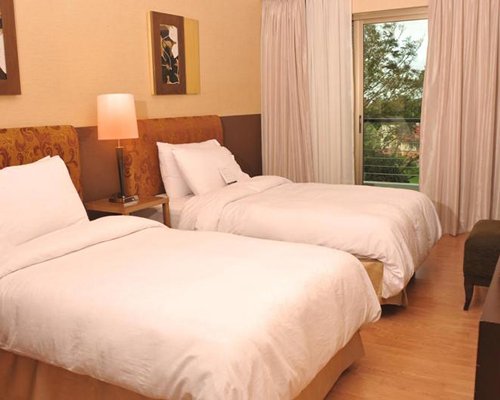 A well furnished bedroom with two beds and an outside view.