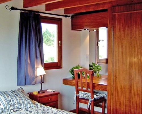 A well furnished bedroom with a dresser and an outside view.