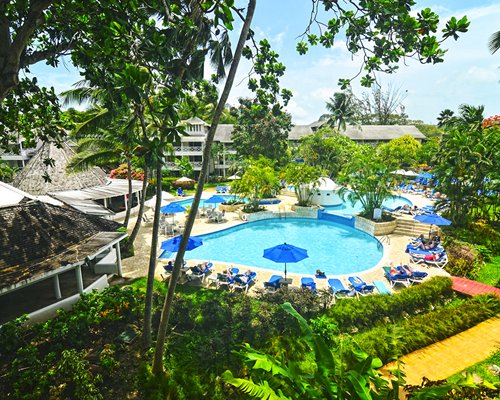 A scenic outdoor swimming pool with chaise lounge chairs and sunshades surrounded by trees.