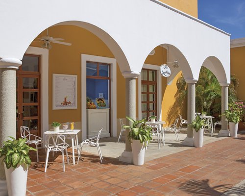 A view of outdoor patio with furniture and potted plants.
