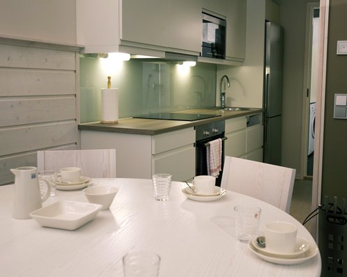 An open plan kitchen and dining area.