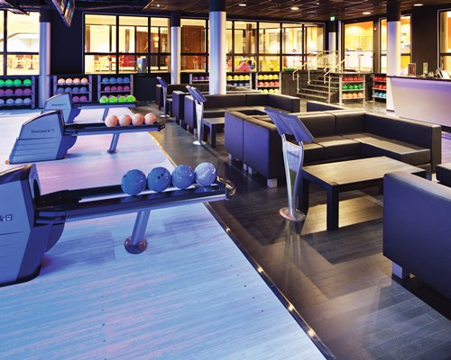 An indoor recreational area with a bowling.