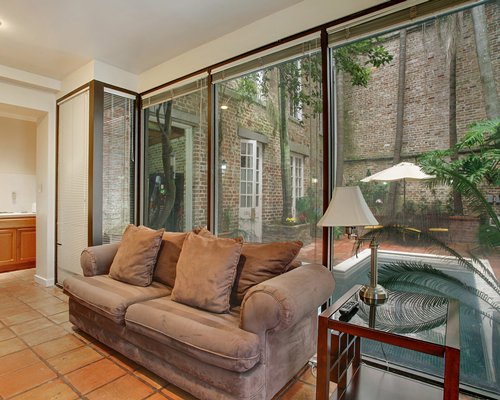 A well furnished living room with a patio.