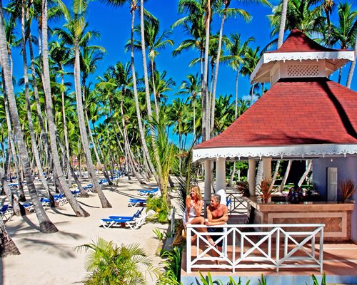A view of the resort unit alongside chaise lounge chairs and coconut trees.