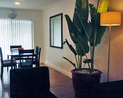 A well furnished dining area with an outside view.