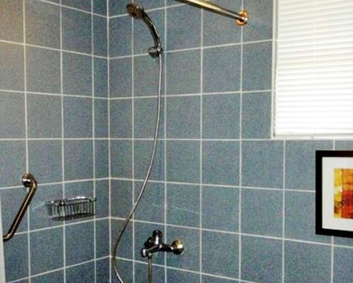 A bathroom with a shower.