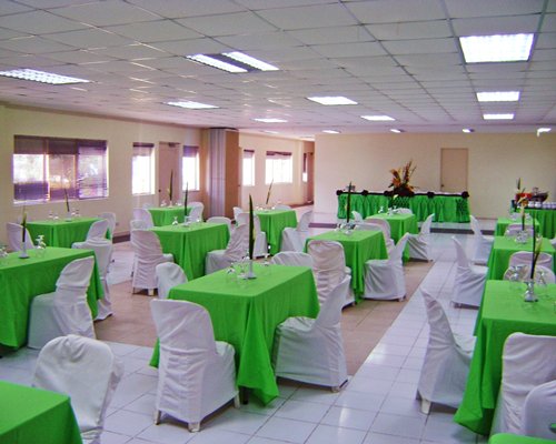 Indoor restaurant with outside view.