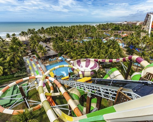 A man enjoying in the water park surrounded by trees.