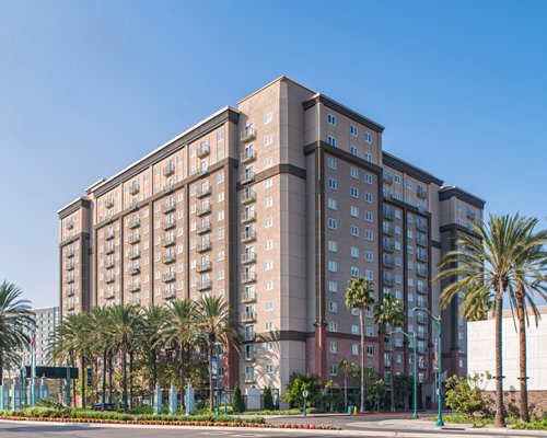 Exterior view of Wyndham Anaheim with an outdoor swimming pool.