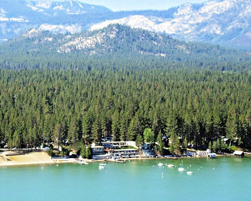 An aerial view of the resort property surrounded by wooded area alongside the beach.