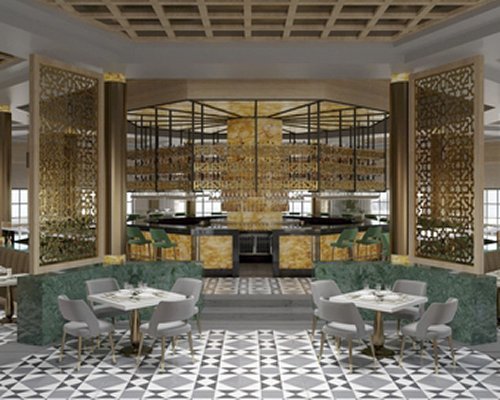 An indoor fine dining restaurant with multiple dining tables.