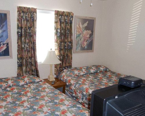 A well furnished bedroom with two beds and a television.