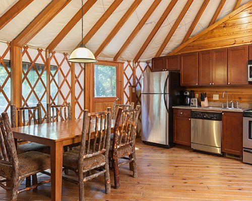 An open plan kitchen and dining area.