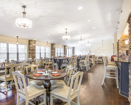 Indoor restaurant with outside view.