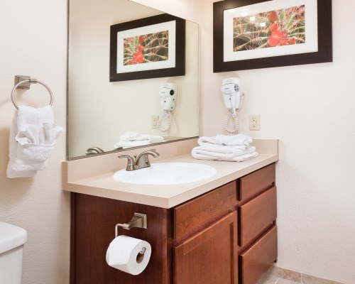 A BATHROOM WITH CLOSED SINK VANITY.