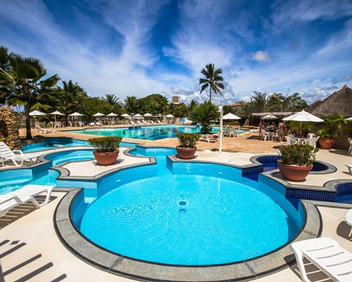 An outdoor swimming pool with sunshades and chaise lounge chairs surrounded by trees.