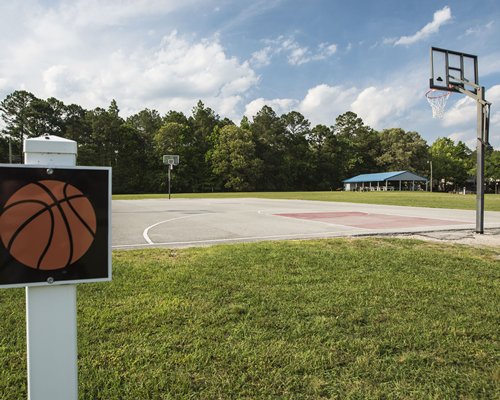 A signboard alongside a basketball court alongside trees.