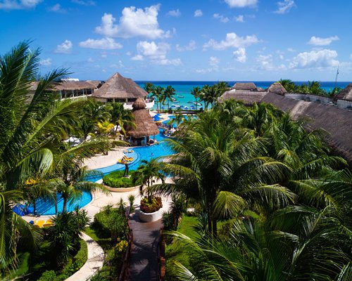 A scenic outdoor swimming pool.