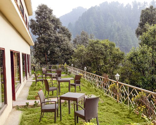 A scenic outdoor lounge area with patio furniture surrounded by wooded area.