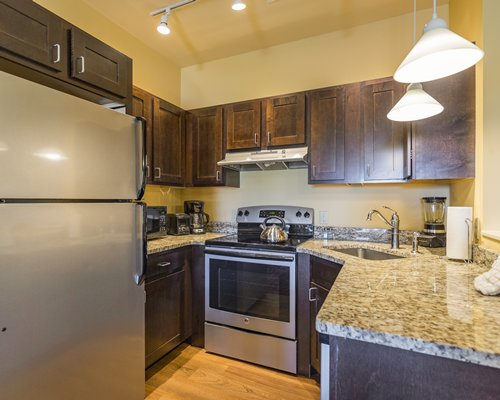 An open plan kitchen and dining area.