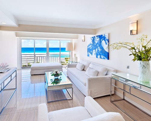 A well furnished living room with outside view.