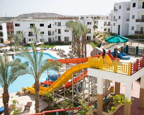 A view of resort with outdoor waterpark.