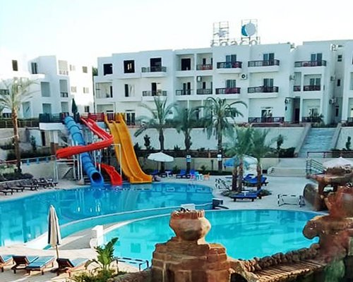 A view of resort with outdoor waterpark and pools.