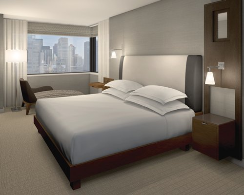 A well furnished bedroom with an outside view.