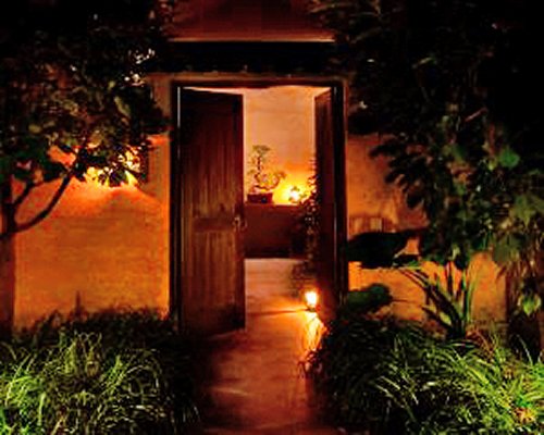 Entrance to the resort unit at night.