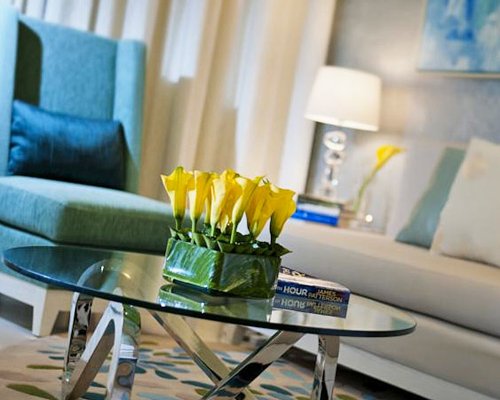 A well furnished living room with a pull out sofa.