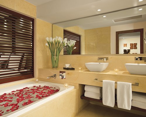 A bathroom with a shower bathtub and double sink.