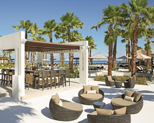 A well equipped outdoor bar with dining area surrounded by pine trees.