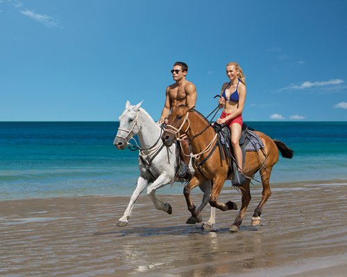 A couple horseback riding on the beach.