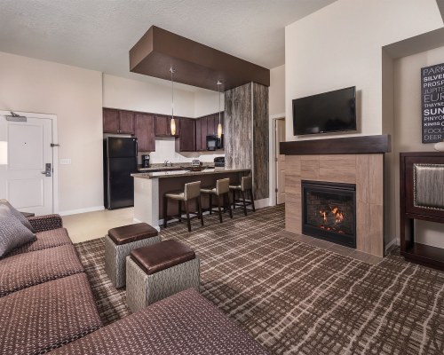 A WELL FURNISHED LIVING ROOM WITH A TELEVISION FIRE IN THE FIREPLACE AND AN OPEN PLAN KITCHEN.