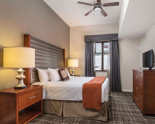 A WELL FURNISHED BEDROOM WITH A TELEVISION AND OUTSIDE VIEW.