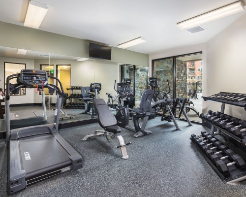 A WELL EQUIPPED INDOOR FITNESS CENTER WITH A TELEVISION.