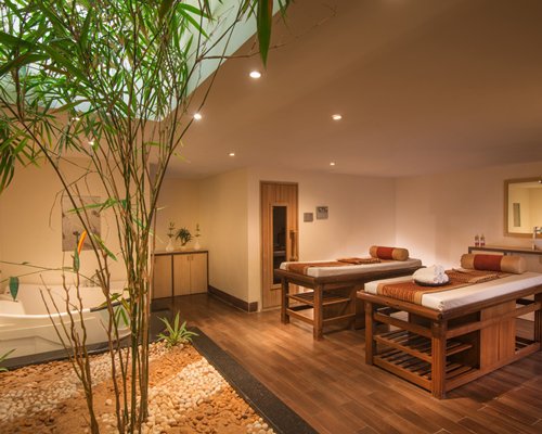 A well furnished indoor spa room with plants.