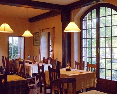Indoor restaurant with outside view.