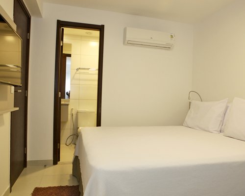 A well furnished bedroom with a television alongside bathroom.