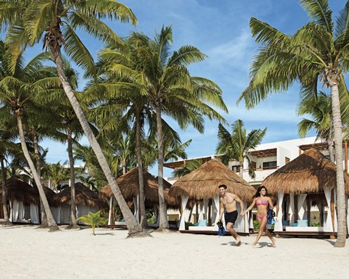 A couple at the beach alongside a cabana and coconut trees.