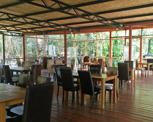 A fine dining restaurant with outside view.