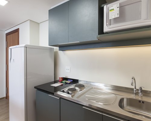A well equipped kitchen with a microwave.