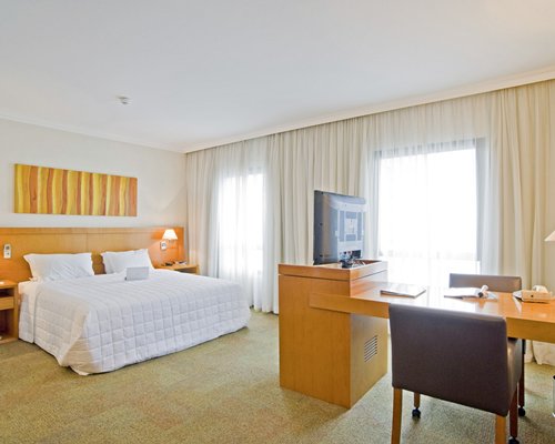 A well furnished bedroom with a television and an outside view.