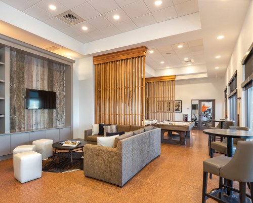 AN INDOOR LOUNGE AREA WITH A TELEVISION ALONGSIDE A RECREATIONAL AREA.