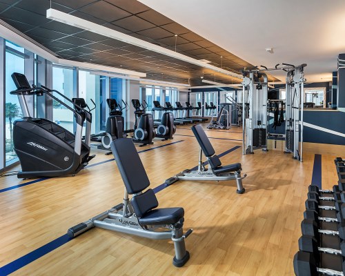 A WELL EQUIPPED FITNESS CENTER WITH AN OUTSIDE VIEW.