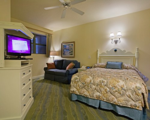 A WELL FURNISHED BEDROOM WITH QUEEN BED AND TELEVISION.